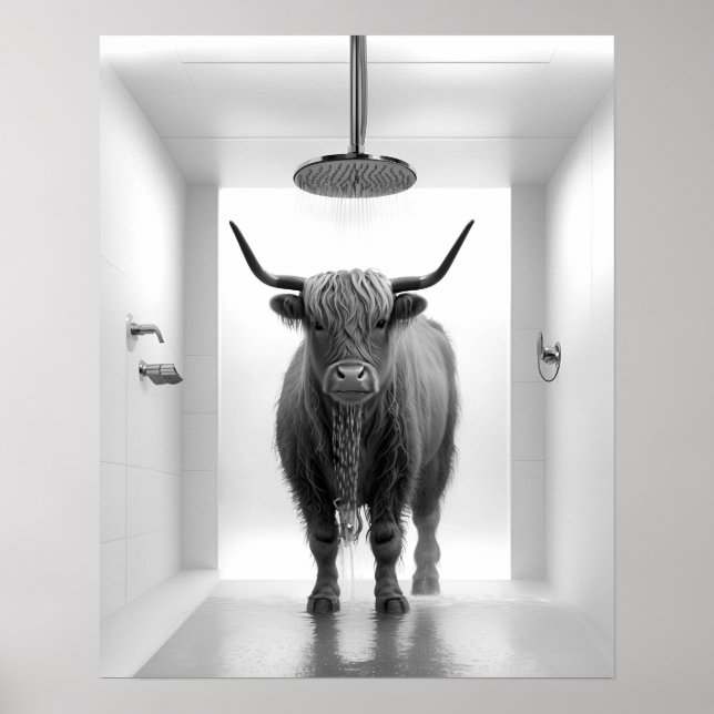 Shower Highland Cow Bathroom Black and White Poster (Front)