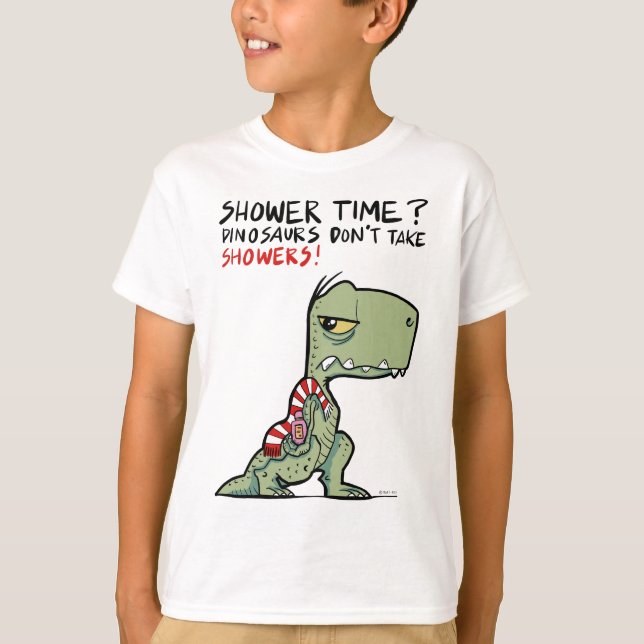 Shower Time? Funny Towel T-Rex Dinosaur Cartoon T-Shirt (Front)