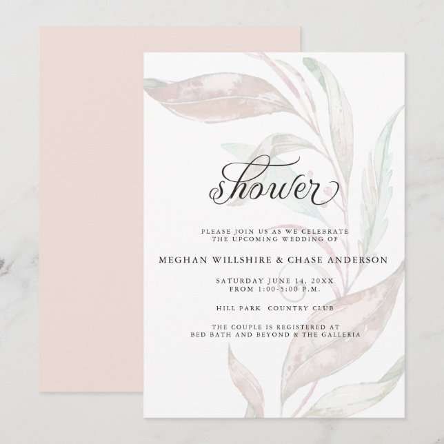 SHOWER | Wisp of Colour Pale Coral Foliage Invitation (Front/Back)