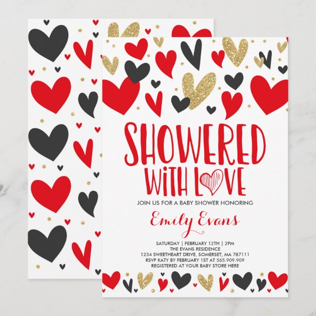 Showered With Love Baby Shower Invitation Hearts (Front/Back)
