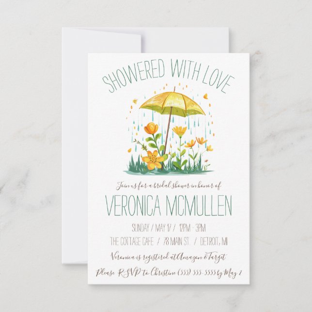 Showered with Love!  Yellow Umbrella Bridal Shower Invitation (Front)
