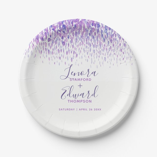 Showering cascade purple watercolor art wedding paper plate (Front)