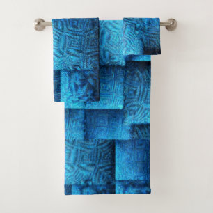 Showy blue squares with abstract tribal design bath towel set