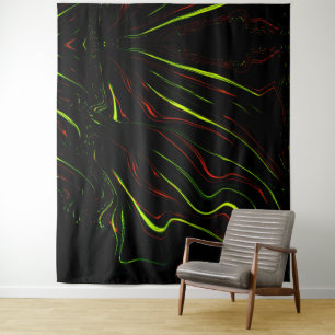 Showy green and red long wavy traces on black fund tapestry