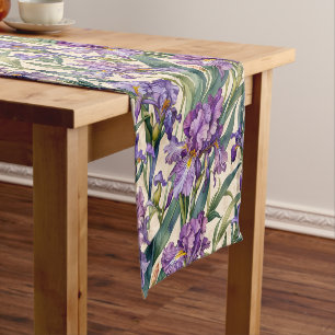 Showy Purple Iris on Ecru Scroll Short Table Runner