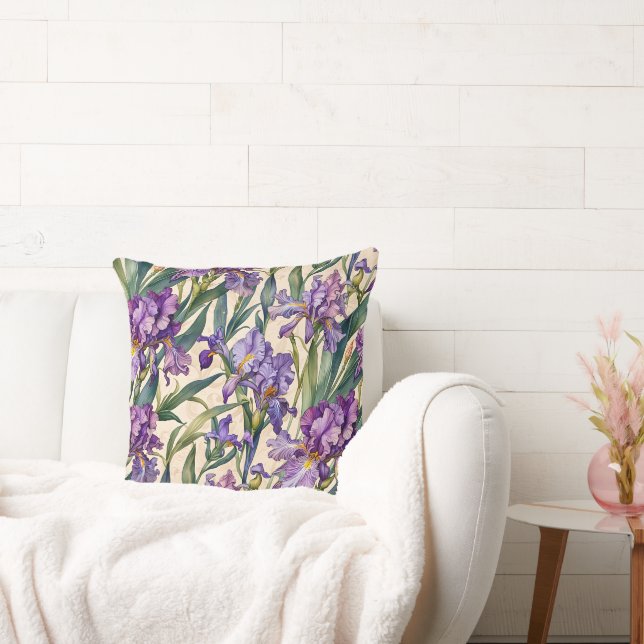 Showy Purple Iris on Ecru Scroll Throw Pillow (Couch)