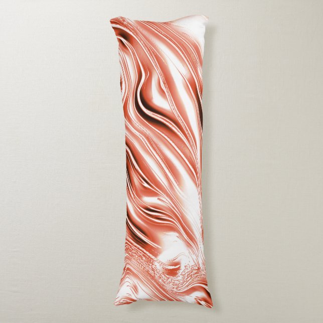 Showy salmon to red long wavy traces on white fund body pillow (Front Vertical)