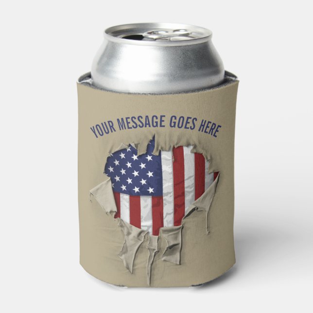 Shredded, Ripped and Torn American Flag Can Cooler (Can Front)