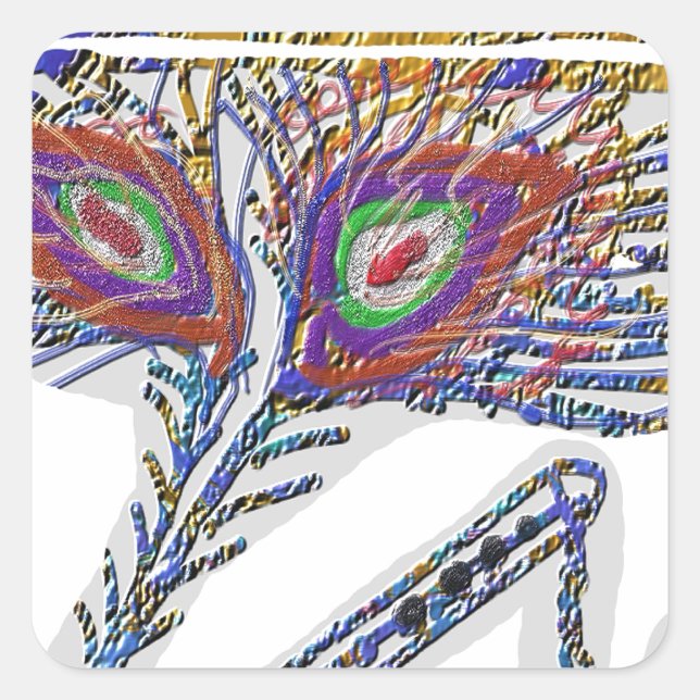 Shri KRISHNA : FLUTE, Peacock Feather, Makhan Square Sticker (Front)
