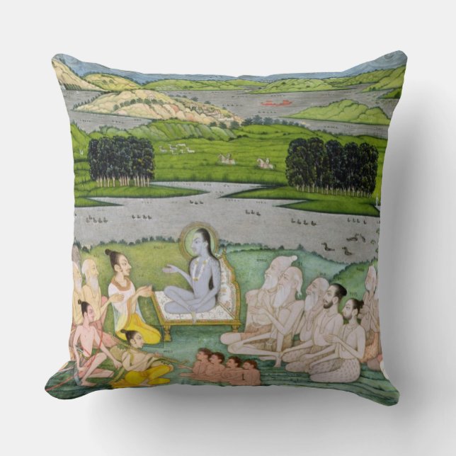 Shri Sukdevji preaching to a concourse of Sadhus, Throw Pillow (Front)