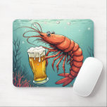 Shrimp Holding a Glass of Beer Mouse Pad<br><div class="desc">A cartoon shrimp is holding a glass of beer while swimming in the ocean,  surrounded by bubbles and coral</div>