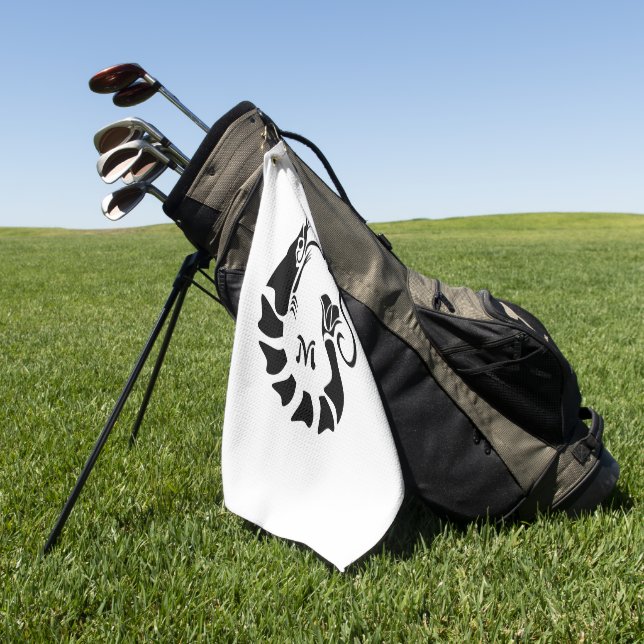 Shrimp Monogram in a Black Stencil Style Golf Towel (Green)