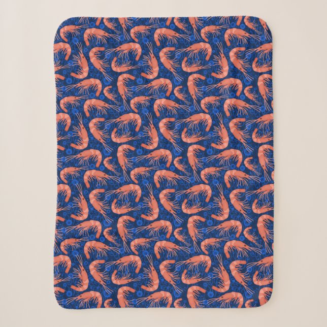Shrimp Prawn Coral Ocean Bubble Nautical Navy Blue Sherpa Blanket (Front)