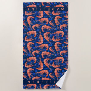 Shrimp Prawn Coral Ocean Bubbles Coastal Navy Blue Beach Towel