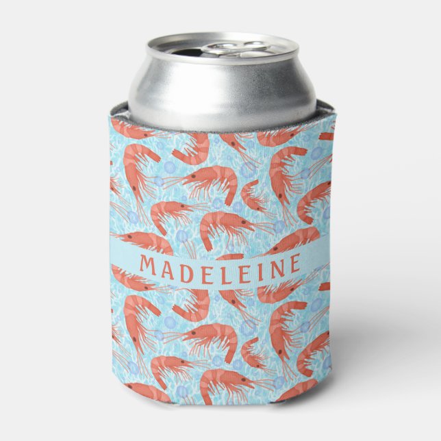Shrimp Prawn Coral Ocean Bubbles Nautical Sea Blue Can Cooler (Can Front)