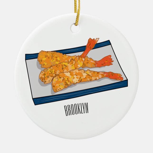 Shrimp tempura cartoon illustration ceramic ornament (Front)