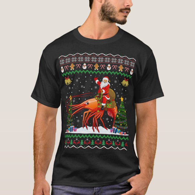 Shrimp Ugly Xmas Gift Santa Riding Shrimp Christma T-Shirt (Front)