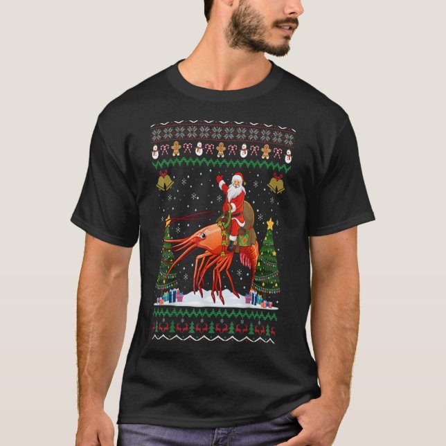 Shrimp Ugly Xmas Gift Santa Riding Shrimp Christma T-Shirt (Front)
