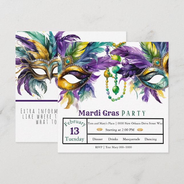 Shrove Tuesday and Mardi Gras Party Invitation (Front/Back)