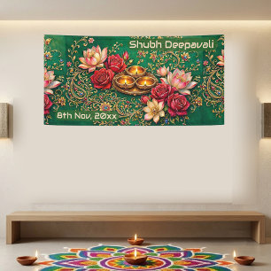 Shubh Deepavali Deepak Red Rose White Lotus Green Banner