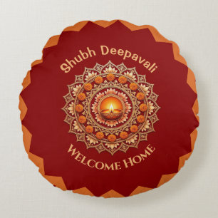 Shubh Deepavali Festival of Light Welcome Home Red Round Pillow