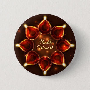 Shubh Diwali Diyas Sparkle Lights 2 Inch Round Button