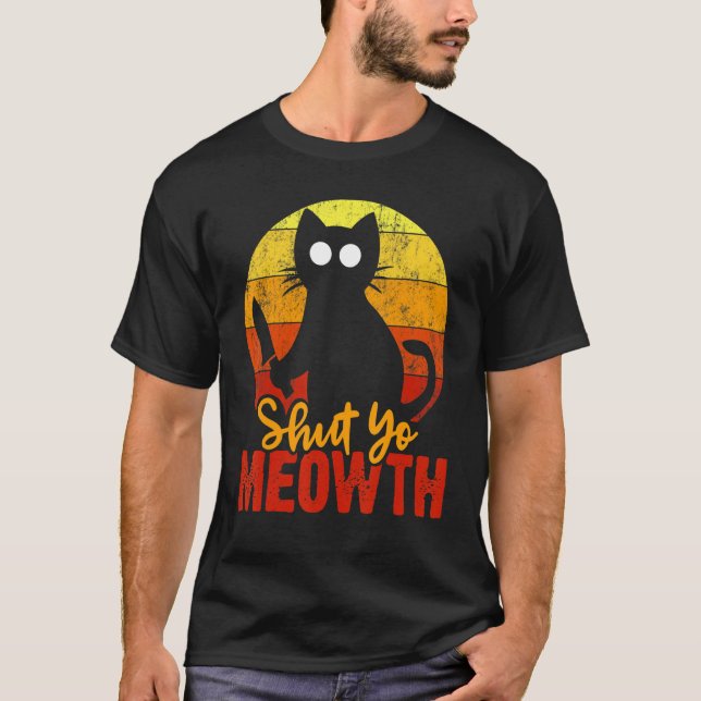 Shut Your Meowth Gory Halloween Cat With Knife Mur T-Shirt (Front)