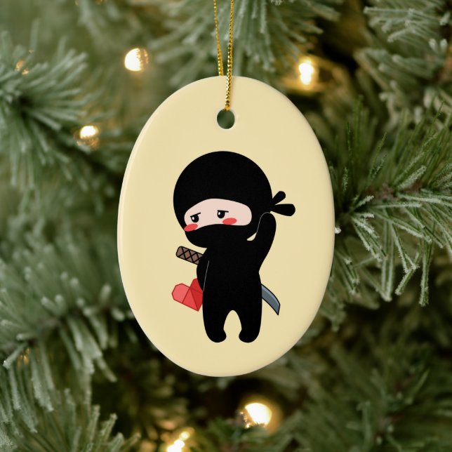 Shy Blushing Ninja Holding Origami Heart Yellow Ceramic Ornament (Tree)