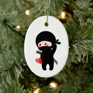 Shy Blushing Ninja Holding Origami Paper Heart Ceramic Ornament
