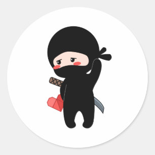 Shy Blushing Ninja Holding Origami Paper Heart Classic Round Sticker