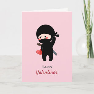 Shy Blushing Ninja Holding Origami Paper Heart Holiday Card