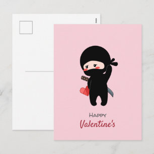 Shy Blushing Ninja Holding Origami Paper Heart Holiday Postcard