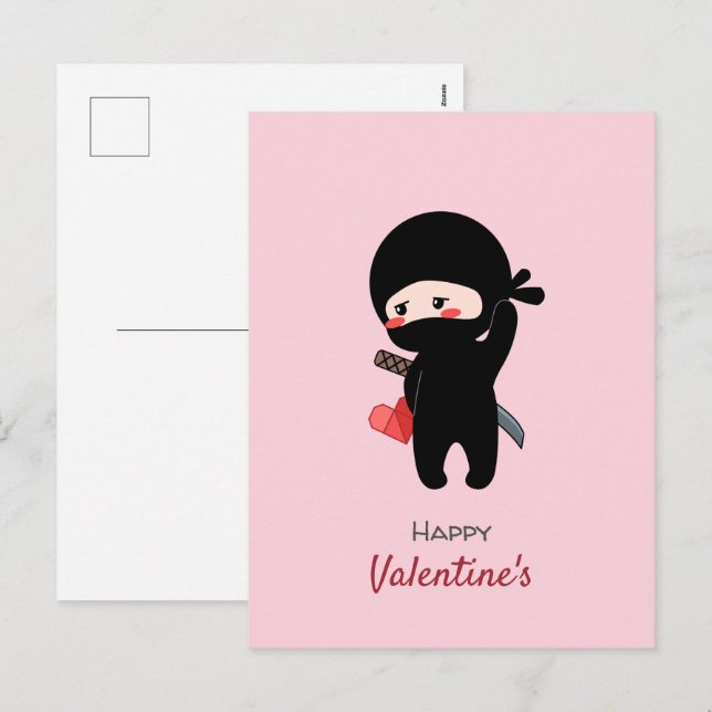 Shy Blushing Ninja Holding Origami Paper Heart Holiday Postcard (Front/Back)