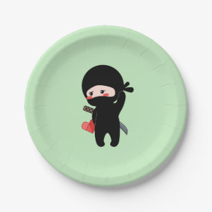 Shy Blushing Ninja Holding Origami Paper Heart Plate
