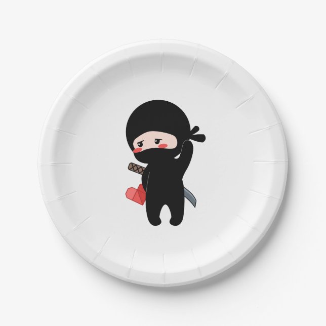 Shy Blushing Ninja Holding Origami Paper Heart Plate (Front)