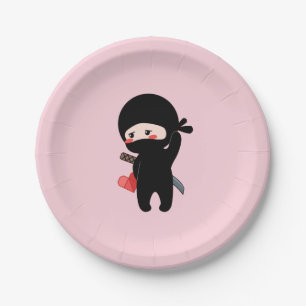 Shy Blushing Ninja Holding Origami Paper Heart Pnk Plate