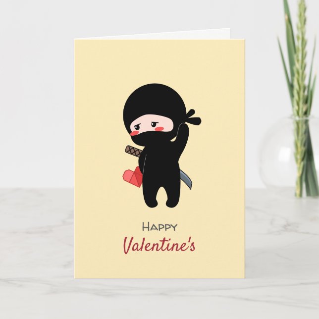 Shy Blushing Ninja Origami Paper Heart Yellow Holiday Card (Front)