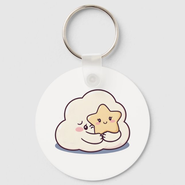 Shy Cloud Hugging a Star – Dreamy Cute Sky Charact Keychain (Front)