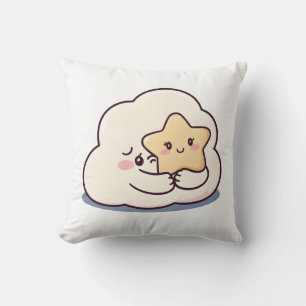 Shy Cloud Hugging a Star – Dreamy Cute Sky Charact Throw Pillow
