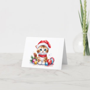 Shy Cute Orange Santa Kitten BLANK Holiday Card