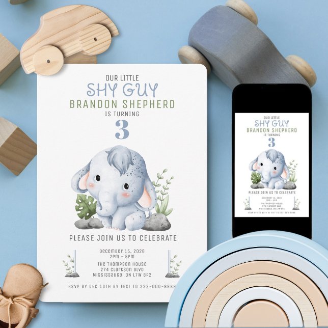 Shy Guy Elephant Birthday Invitation (Baby Elephant theme birthday invitation)