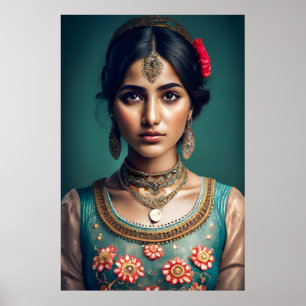 Shy indian girl Decorated with gold necklaces Poster