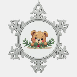 Shy Kawaii Teddy Bear Mistletoe Christmas Snowflake Pewter Christmas Ornament