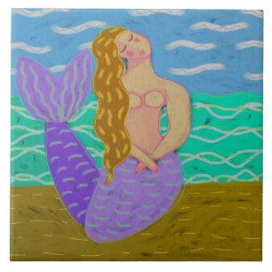 Shy Mermaid Abstract Digital Painting Tile