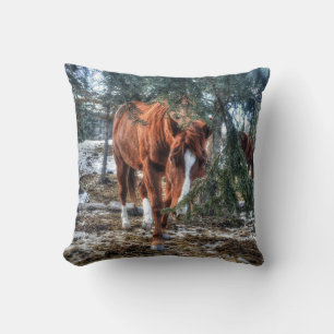 Shy Sorrel Mare and Branches Horse-lover Gift Throw Pillow