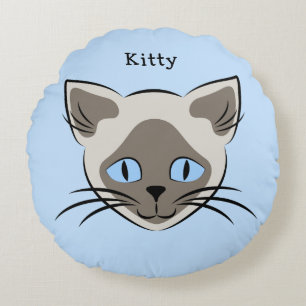 Siamese Blue Eyed Cat Face Graphic Custom Name Round Pillow