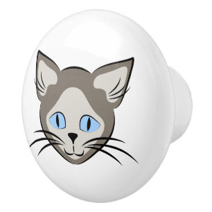 Siamese Blue Eyed Cat Face Light on Dark Graphic Ceramic Knob