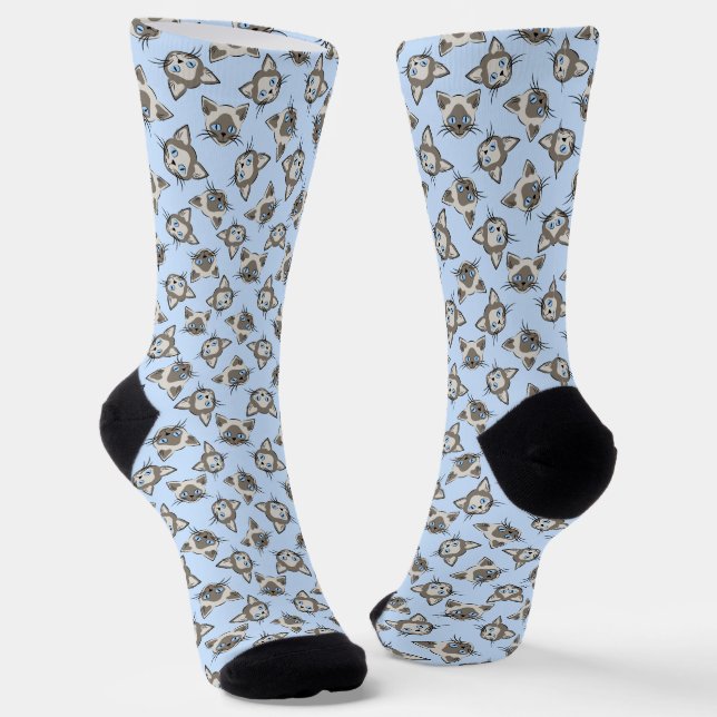 Siamese Blue Eyed Cat Faces Graphic Art Pattern Socks (Angled)