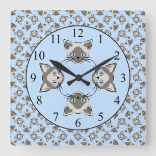 Siamese Blue Eyed Cat Faces Graphic Art Pattern Square Wall Clock