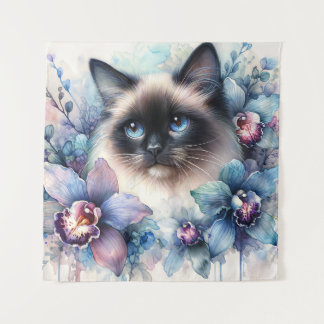 Siamese Cat Among Orchid Flowers Watercolor Tapestry